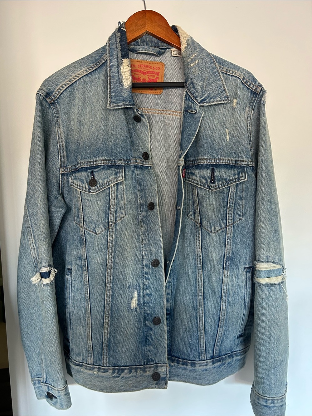 Levi's Light Blue Distressed Sherpa-Trim Denim Jacket